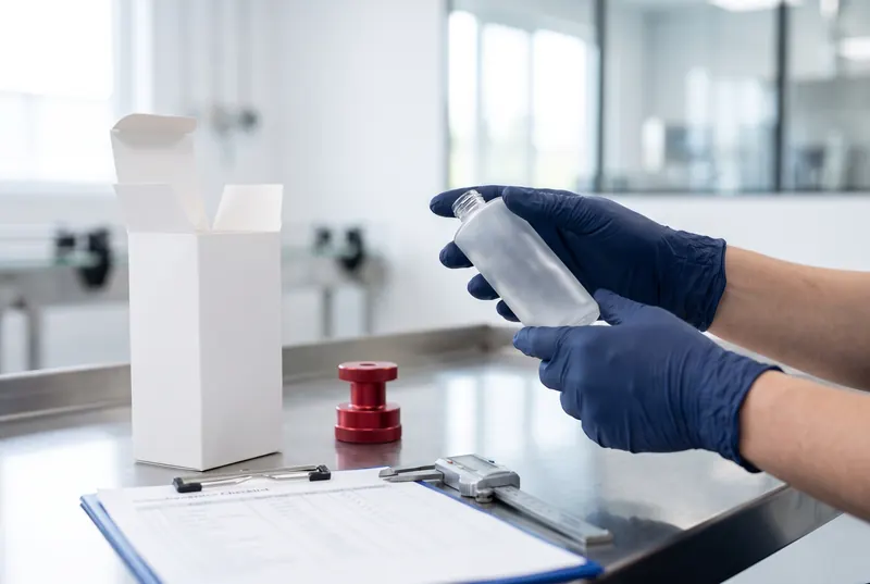 Inspector checking cosmetic bottles on an inspection table before shipment